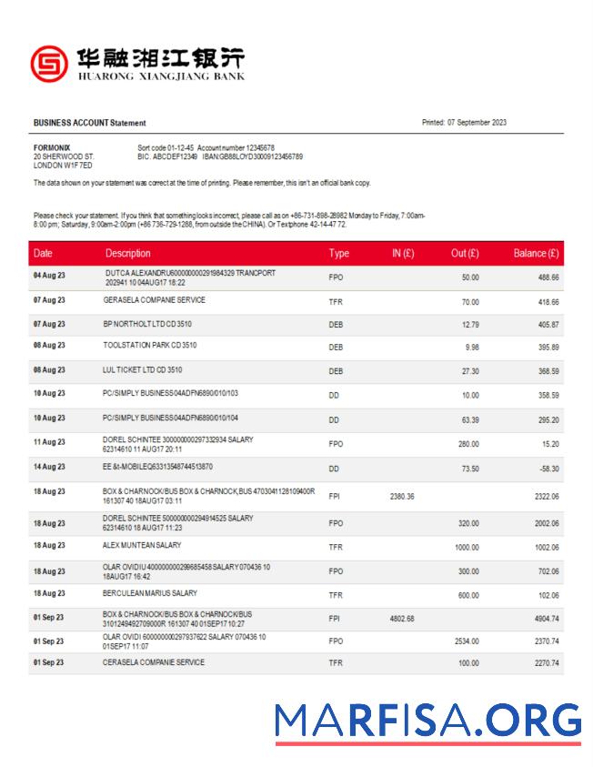 Downloadable Huarong Xiangjiang Bank company account statement Word and PDF template
